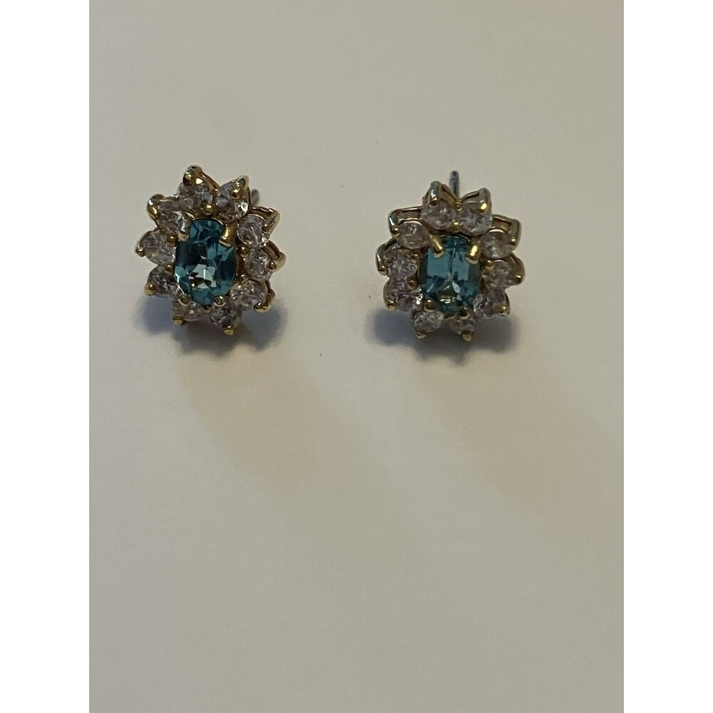 Sterling Silver 925 Gold Tone Halo Stud Earrings Blue Center, CZ around CLL